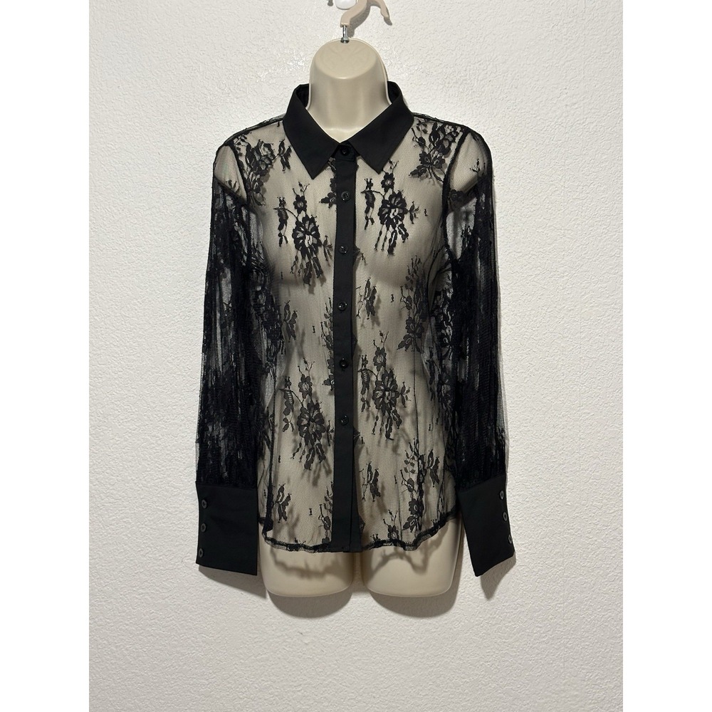 Black Lace Sheer Long Sleeve Shirt Womens Size M Dark Fairy Whimsigoth Grunge
